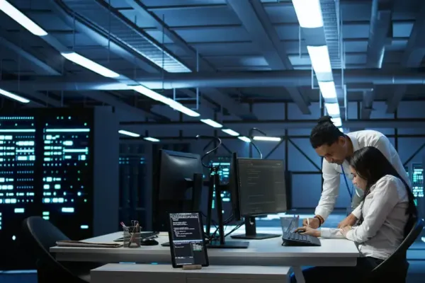 Cybersecurity professionals reviewing compliance data on monitors in a server room environment