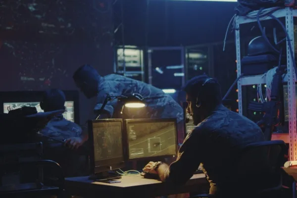 Personnel managing military data security within CMMC compliance standards.
