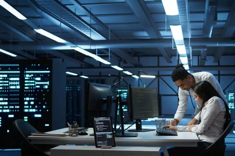 Cybersecurity professionals reviewing compliance data on monitors in a server room environment